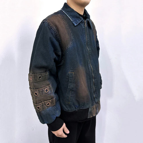 Load image into Gallery viewer, High Street Men Denim Padded Jackets Washing Trendy Worn-out Jacket Turn-down Collar Zipper Contrast Color Male Tops 9W1828
