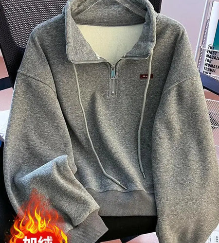 Korean Fashion Women's Beige Velvet Half Zipper Sweatshirt Autumn Winter Grey Long Sleeve Holiday Casual Pullover Tops Thick New