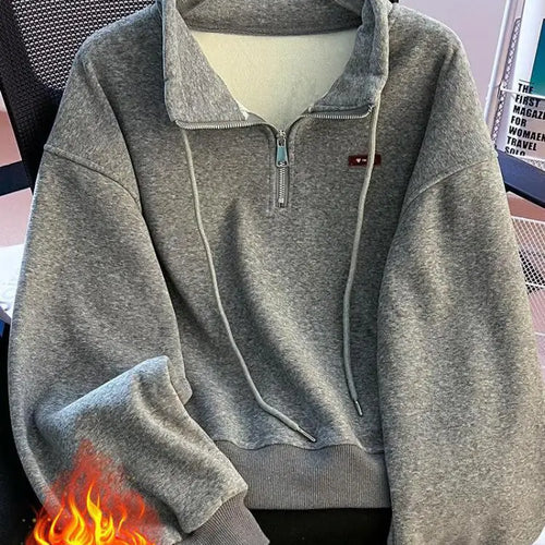 Load image into Gallery viewer, Korean Fashion Women's Beige Velvet Half Zipper Sweatshirt Autumn Winter Grey Long Sleeve Holiday Casual Pullover Tops Thick New
