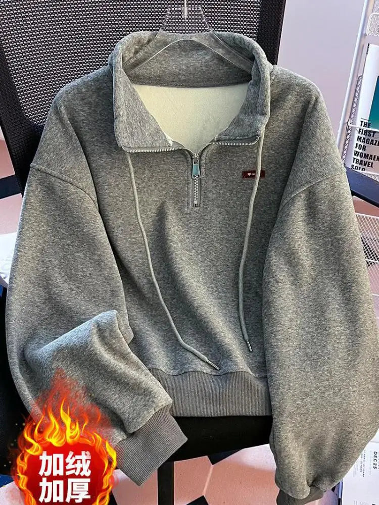 Korean Fashion Women's Beige Velvet Half Zipper Sweatshirt Autumn Winter Grey Long Sleeve Holiday Casual Pullover Tops Thick New