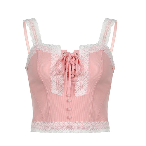 Load image into Gallery viewer, Sweet Pink French Chic Corset Top Women Coquette Clothes Fashion Lace Spliced Sexy Party Tops Tank Y2K Tie Up Korean
