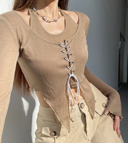 Vintage Y2K Flare Sleeve Female T-shirt Spring Autumn Halter Neck Lace Up Crop Tops Slim Irregular Hem Shirt Clothes