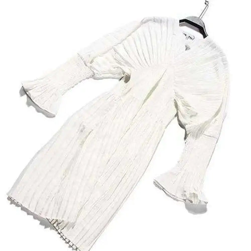 Load image into Gallery viewer, Women White Pleated Elegant Big Size Midi Shirt Dress New V-Neck Long Flare Sleeve Fashion Tide Spring Autumn 2025 1W3260
