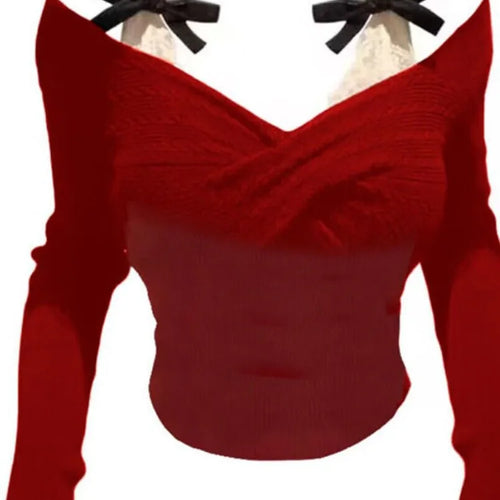 Load image into Gallery viewer, Korean Sexy Fairy Crop Top Sweater Women Japanese Sweet Y2k Aesthetic Bow Lace Patchwork Knitted Pullover Thin Kintwear Tops
