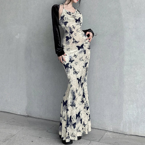 Load image into Gallery viewer, Fashion Elegant Halter Neck Velour Long Dress Backless Butterfly Printed Korean Vintage Sexy Dresses Party Fairycore
