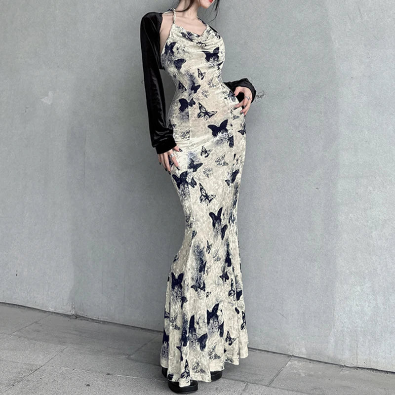 Fashion Elegant Halter Neck Velour Long Dress Backless Butterfly Printed Korean Vintage Sexy Dresses Party Fairycore