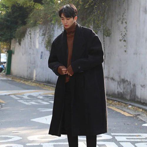 Load image into Gallery viewer, Simple Men&#39;s Woolen Overcoats Solid Color Turn-down Collar Casual Tops Overknee Single Breasted Loose Male Trench 9C8989
