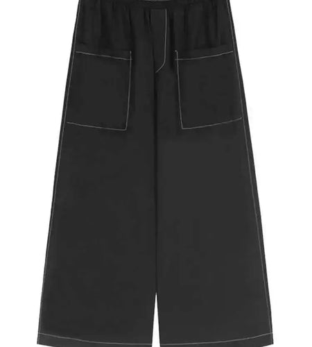 High Elastic Waist Black Blue Topstitched Long Wide Leg Pants New Trousers Women Fashion Tide Spring Autumn 2025 1DH6790