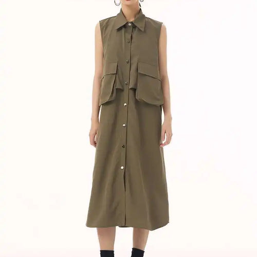 Load image into Gallery viewer, Women Black Shaped Pockets Big Size Midi Shirt Vest Dress New Lapel Sleeveless Fashion Tide Spring Autumn 2025 1DH9471
