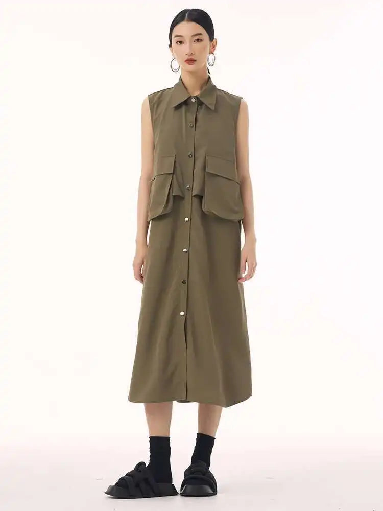 Women Black Shaped Pockets Big Size Midi Shirt Vest Dress New Lapel Sleeveless Fashion Tide Spring Autumn 2025 1DH9471