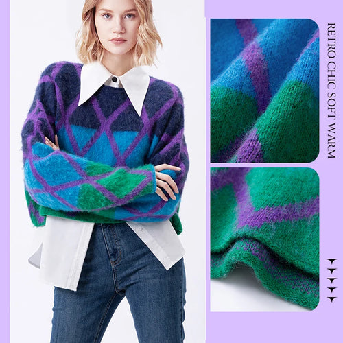 Load image into Gallery viewer, Brand Quality Mohair Sweater For Women Round Neck Long Sleeve Colorblock Knitting Pullovers Female Winter Clothing 2023 C-181
