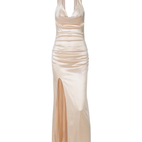 Load image into Gallery viewer, Elegant Hanging Collar Bodycon Party Club Evening Dress Women 2025 New Sexy Deep V Backless Ribbon Split Female Vestidos
