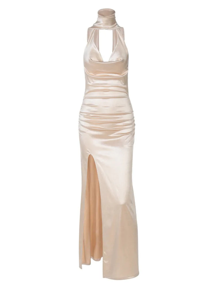 Elegant Hanging Collar Bodycon Party Club Evening Dress Women 2025 New Sexy Deep V Backless Ribbon Split Female Vestidos