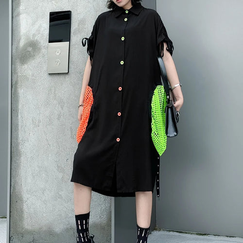 Load image into Gallery viewer, Women Black Color-block Grid Pocket Big Size Shirt Dress New Lapel Short Sleeve Fashion Tide Spring Summer 2025 1DJ1332
