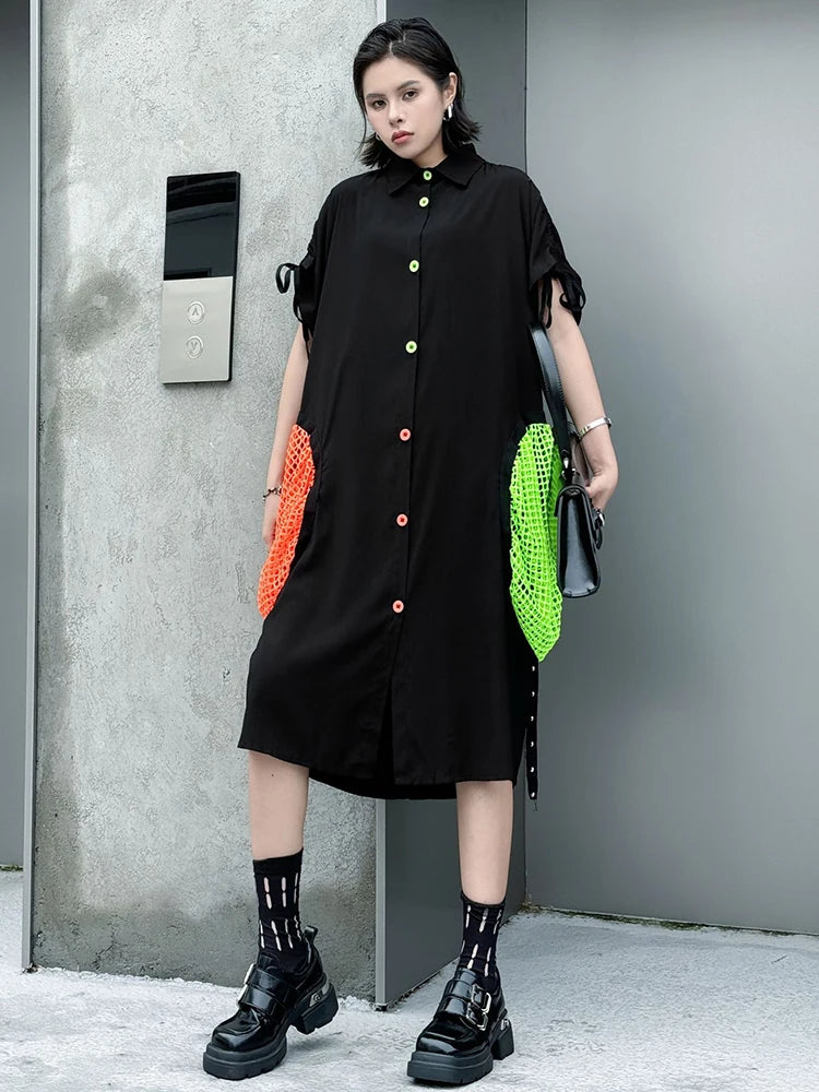 Women Black Color-block Grid Pocket Big Size Shirt Dress New Lapel Short Sleeve Fashion Tide Spring Summer 2025 1DJ1332