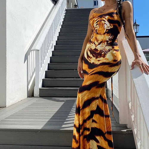 Load image into Gallery viewer, Fashion Print Sexy Backless Tie Slim Fit Women's Dress Spaghetti Strap Tiger Print Maxi Dress Elegant Party Vestidos
