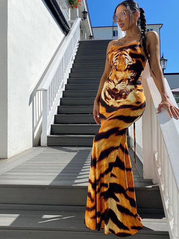 Fashion Print Sexy Backless Tie Slim Fit Women's Dress Spaghetti Strap Tiger Print Maxi Dress Elegant Party Vestidos