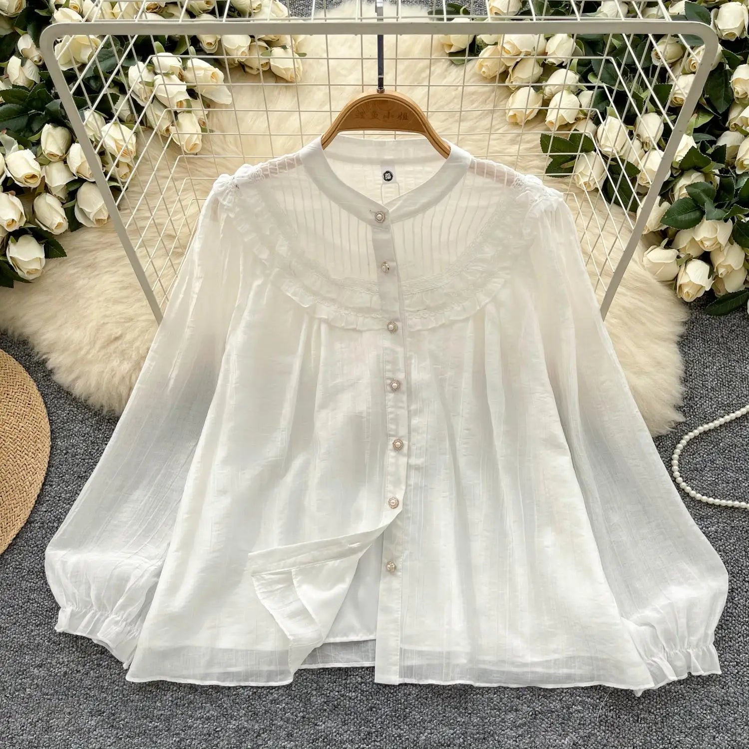 Vintage Sweet Solid Elegant Ruffle Edge Lace Tops Women Autumn New Round Neck Versatile Long Sleeved Single Breasted Shirt Trend
