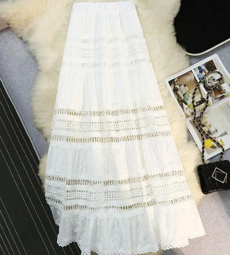 2024 Vintage Women White Elastic High Waist Hollow Out A-line Half Short Skirt Spring Summer Elegant Slim Versatile Fairy Skirts