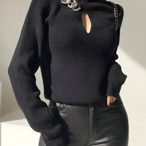 Load image into Gallery viewer, Slim Knitting Sweaters For Women Turtleneck Long Sleeve Hollow Out Patchwork Chain Pullover Sweater Female Autumn
