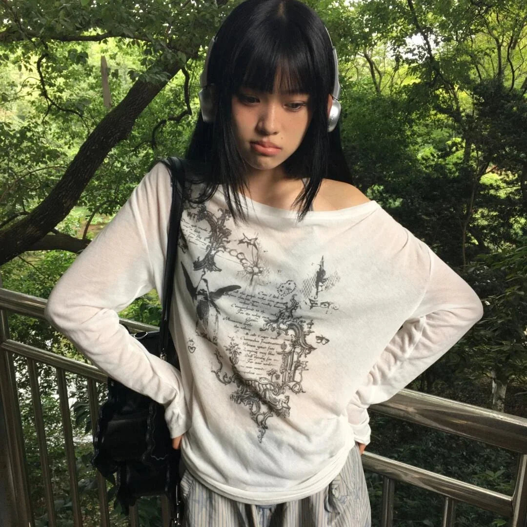 Harajuku Skew Collar Loose T-shirts 2025 Streetwear Letter Print Grunge Tops Women Casual Y2k Aesthetic Summer Sunscreen Tees