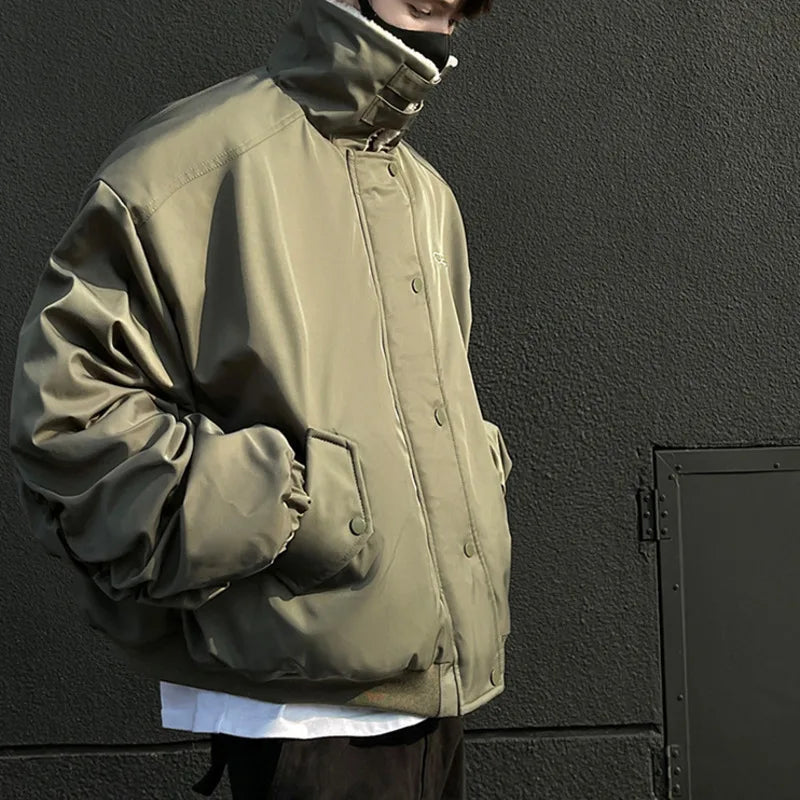 American Style Men's Cotton Padded Jackets Lamb Wool Thick Lapel Solid Color Buttons Male Coats Fashion 2024 Winter 9C8934