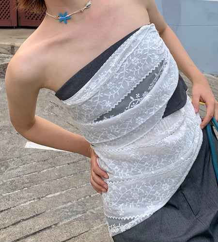 Hit Color Slimming Spliced Lace Vests For Women Strapless Sleeveless Tunic Temperament Chic Vwst Female Clothes New