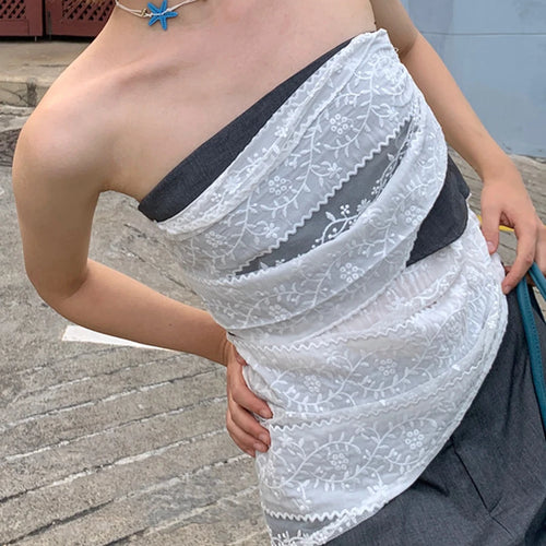 Load image into Gallery viewer, Hit Color Slimming Spliced Lace Vests For Women Strapless Sleeveless Tunic Temperament Chic Vwst Female Clothes New
