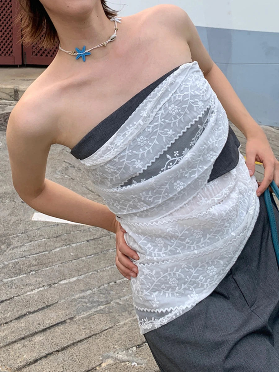 Hit Color Slimming Spliced Lace Vests For Women Strapless Sleeveless Tunic Temperament Chic Vwst Female Clothes New