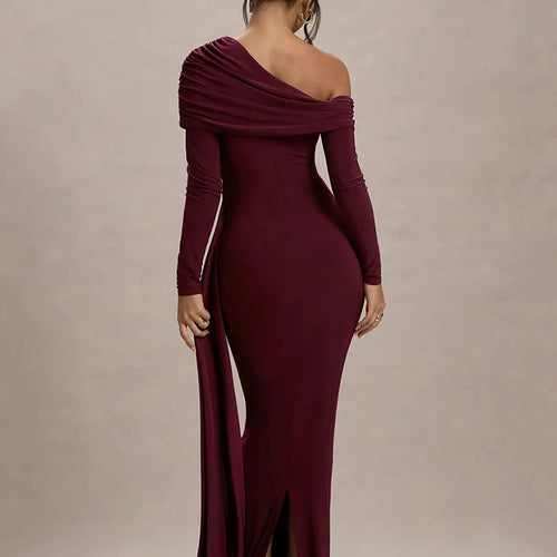 Load image into Gallery viewer, Skew Collar Long Sleeve Sexy Maxi Dress For Women Gown Fashion Backless Draped Ruched Bodycon Club Long Dress Elegant
