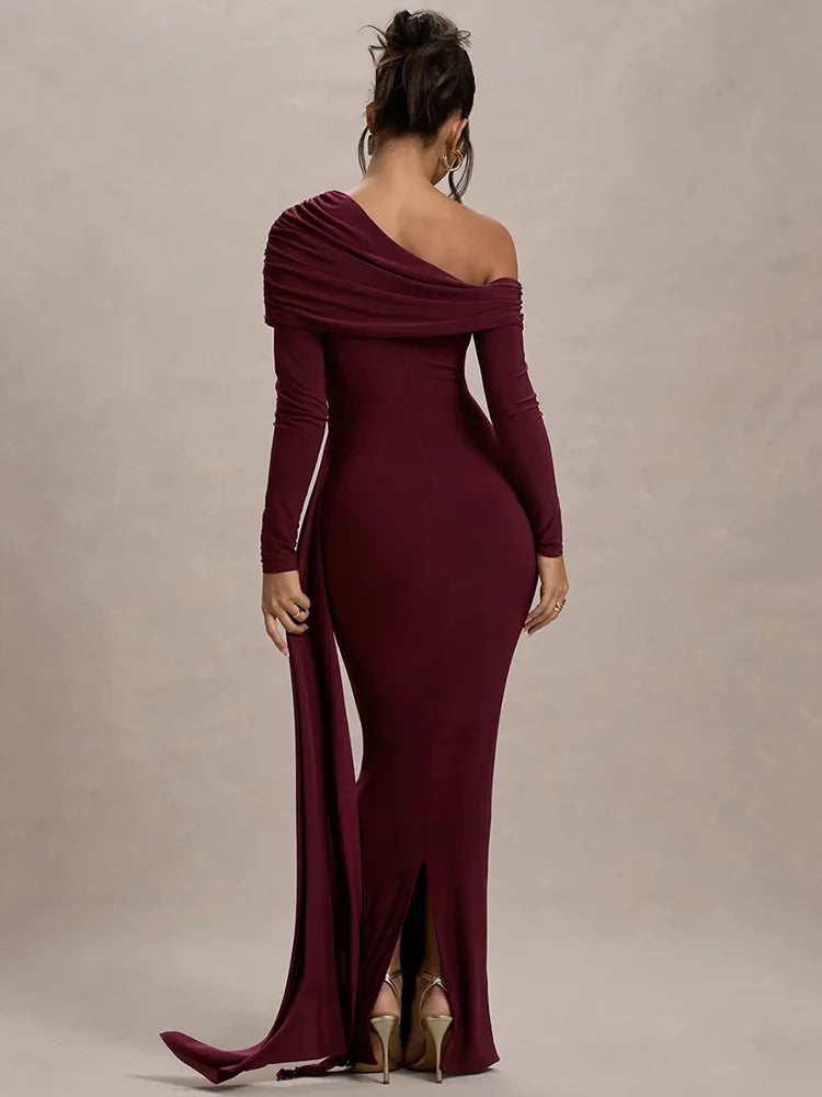 Skew Collar Long Sleeve Sexy Maxi Dress For Women Gown Fashion Backless Draped Ruched Bodycon Club Long Dress Elegant