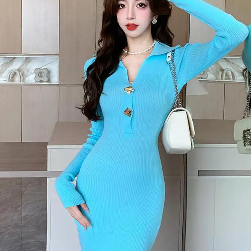 Load image into Gallery viewer, Women Autumn Black Knit Dress 2023 Beige Streetwear Slim Midi Long Dress Ladies Casual Blue Button Office Lady Bodycon Dresses
