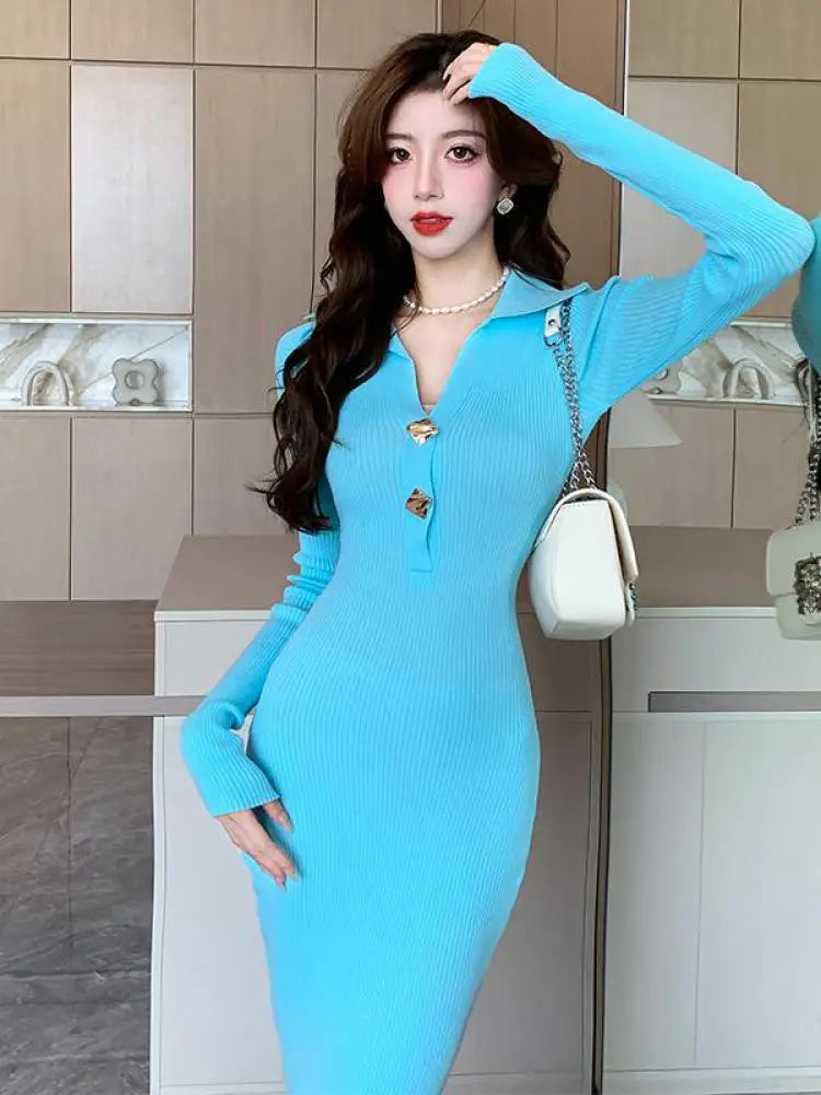 Women Autumn Black Knit Dress 2023 Beige Streetwear Slim Midi Long Dress Ladies Casual Blue Button Office Lady Bodycon Dresses