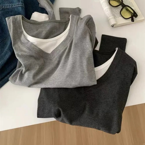 Load image into Gallery viewer, Korean Fashion Women's Patchwork Round Neck Versatile Cotton T Shirt Autumn Long Sleeves Vacation Pullovers Tops Casual Simple
