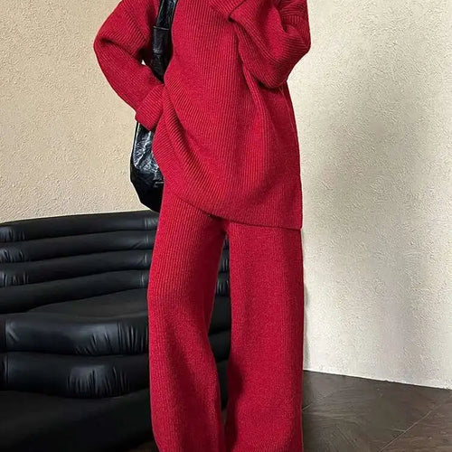 Load image into Gallery viewer, Red Big Size Sweater Wide Leg Pants Two Piece Suit New Turtleneck Long Sleeve Women Fashion Spring Autumn 2025 1DH8626
