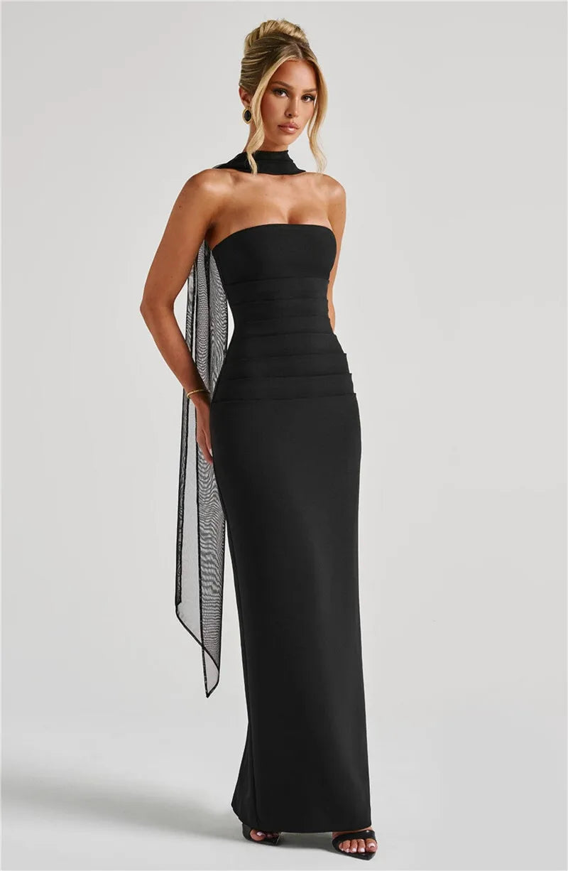 Scarf Collar Strapless Sexy Maxi Dress For Women Fashion Off-shoulder Backless Bodycon Club Party Long Dress Elegant