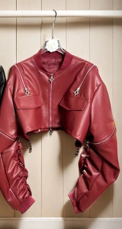 2025 Y2k Aesthetic PU Leather Jacket Womens Streetwear Pleated Grunge Solid Jackets Loose Harajuku Zipper Female Punk Crop Coat