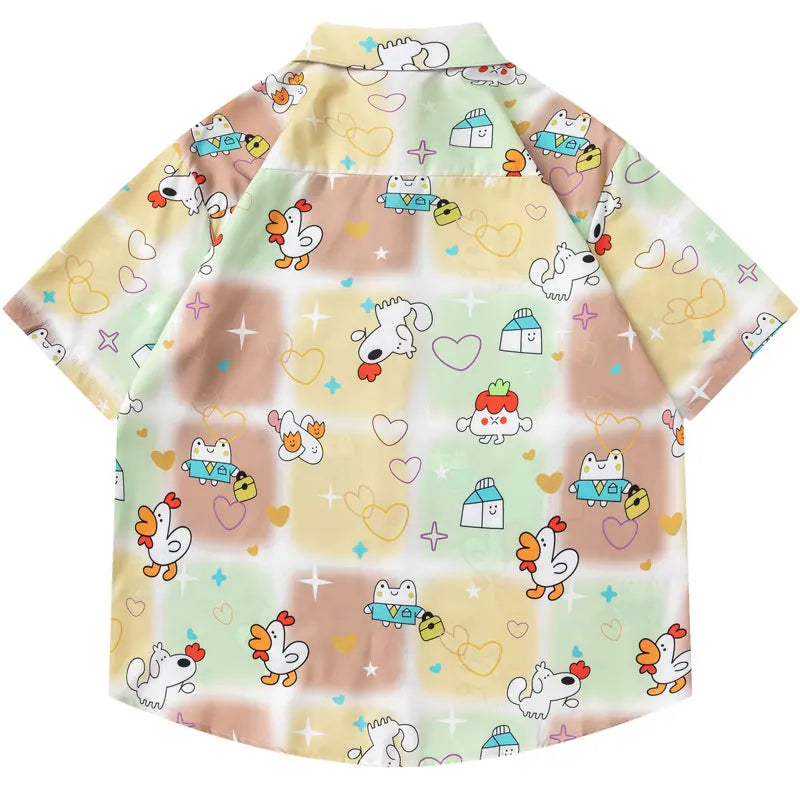 Summer Hawaiian Shirts Streetwear Funny Cartoon Graphic Printed Button Up Short Sleeve Beach Blouse Harajuku Casual Baggy Tops