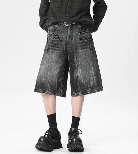 Men's Denim Shorts Summer Solid Color Design American Style Stitching Flower Tying Trendy Bottoms Personality 9W1541