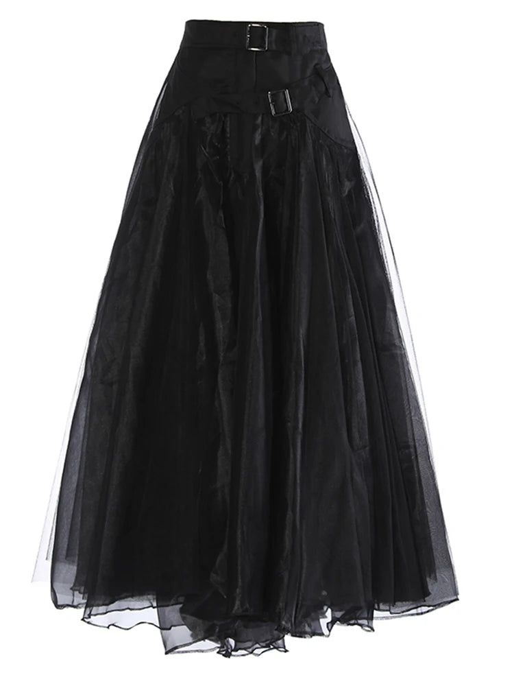 High Waist Khaki Buckle Irregular Mesh Long A-line Half-body Skirt Women Fashion Tide New Spring Autumn 2025 1DH0633