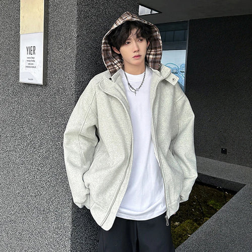 Load image into Gallery viewer, Fake Two Piece Spliced Men&#39;s Woolen Coats Hooded Plaid Korean Style Contrast Color Casual Male Jackets Trendy New 9C9280
