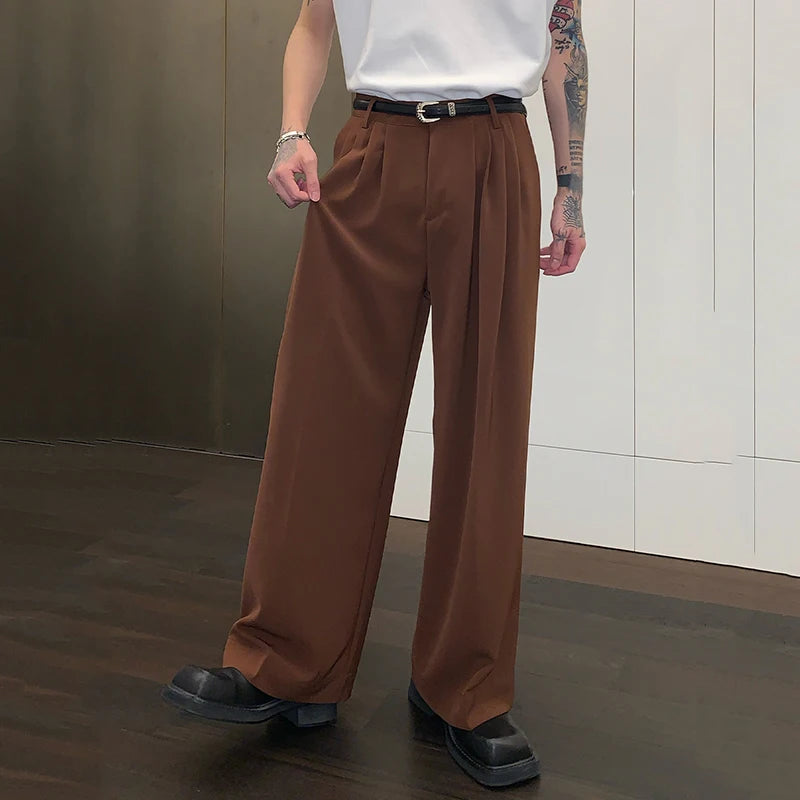 Korean Style Chic Drape Straight Suit Pants Men Loose Simple Solid Color Wide Leg Casual Floor Mop Trousers Autumn 9C6900