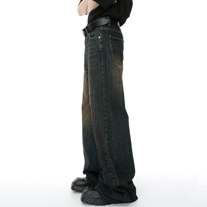 Worn Out Men's Jeans Retro Washed Male Straight Denim Trousers Trendy Gradient Color Wide Leg Pants Spring  9C4274