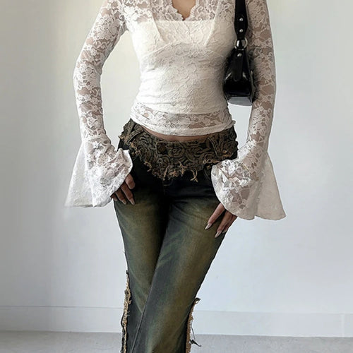 Load image into Gallery viewer, Lace Embroidery Flower Bodycon Shirts Spring Women Y2k Aesthetic Flare Sleeve Vintage T-shirt Grunge Sexy Cropped Fairy Tops
