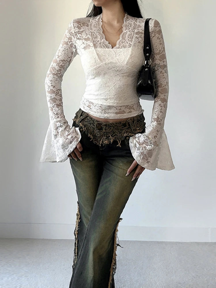 Lace Embroidery Flower Bodycon Shirts Spring Women Y2k Aesthetic Flare Sleeve Vintage T-shirt Grunge Sexy Cropped Fairy Tops