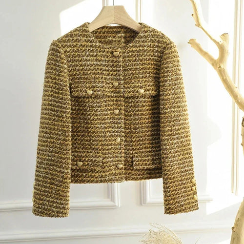 Load image into Gallery viewer, Elegant Retro Women&#39;s Gold Short Woolen Coat Autumn Winter Korean Fashion Tweed Coat Perfect Female OL Outwear Wool Jacket
