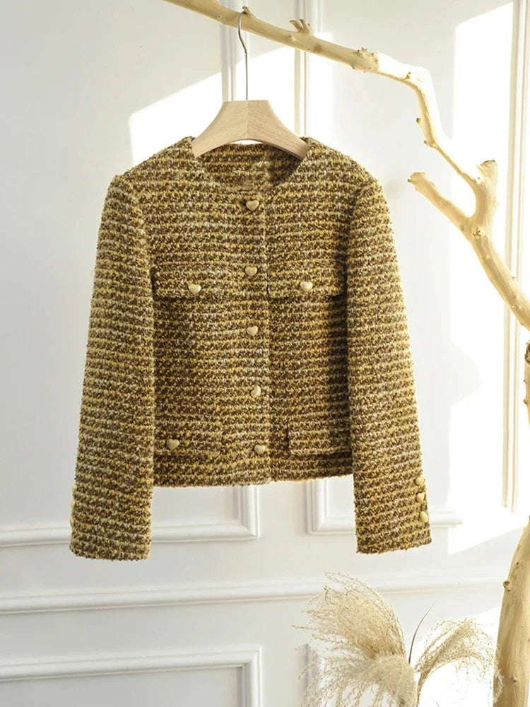 Elegant Retro Women's Gold Short Woolen Coat Autumn Winter Korean Fashion Tweed Coat Perfect Female OL Outwear Wool Jacket