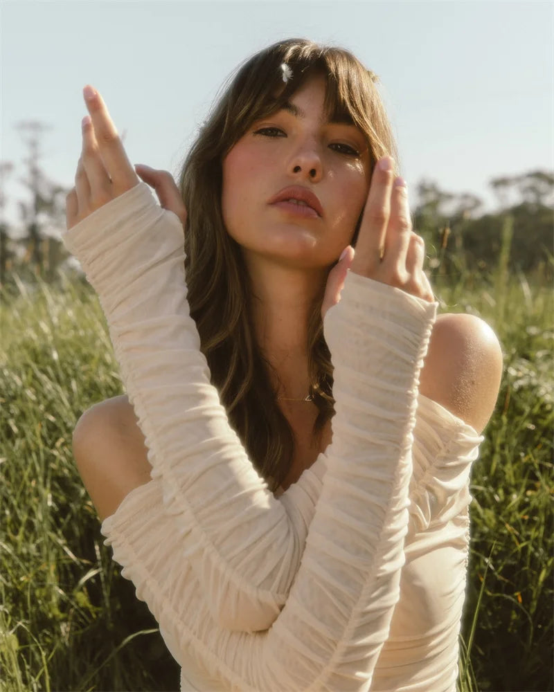 Off-shoulder Strapless Sexy Maxi Dress Women Summer New Patchwork Backless Long Sleeve Pleated Long Dress Elegant