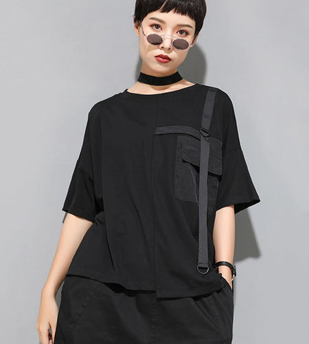 Women Black Ribbon Pocket Big Size Casual T-shirt New Round Neck Short Sleeve Fashion Tide Spring Summer 2025 1DJ1779