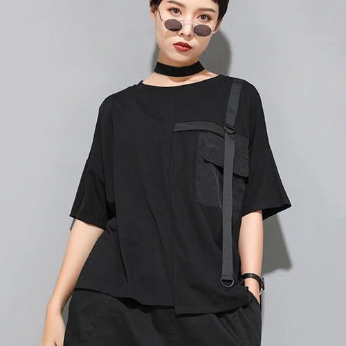 Load image into Gallery viewer, Women Black Ribbon Pocket Big Size Casual T-shirt New Round Neck Short Sleeve Fashion Tide Spring Summer 2025 1DJ1779
